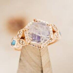 HEXAGON MOONSTONE ENGAGEMENT RING WITH DIAMOND HALO